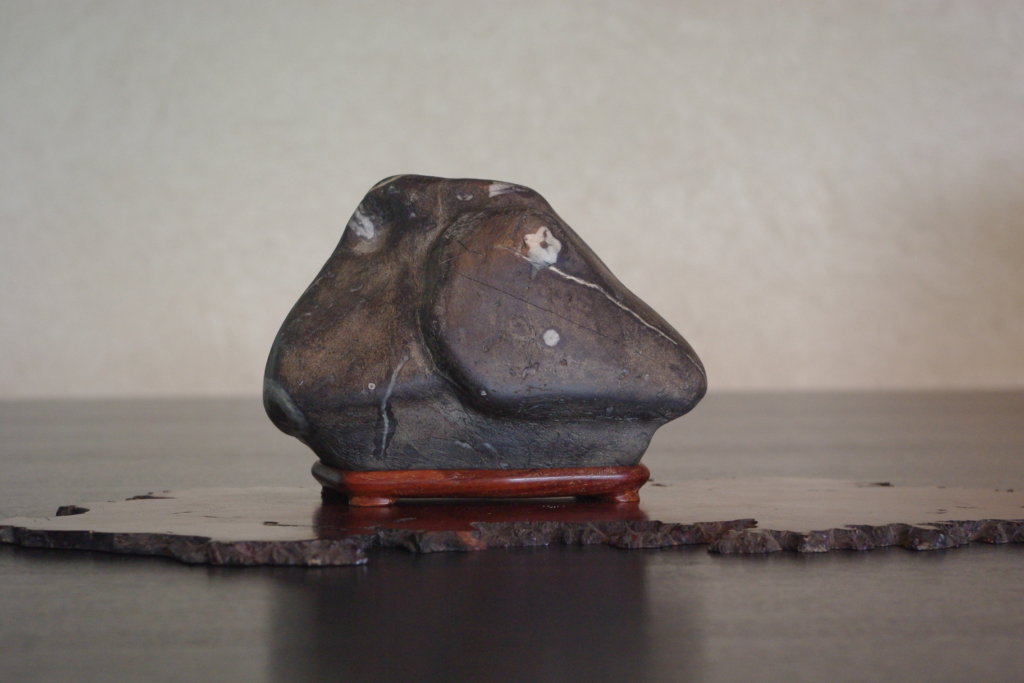 Suiseki, a stone that resembles a mountain, a house, human being or an animal. The stones range from those that resemble waterfalls in the mountains to a thatched-roof house.