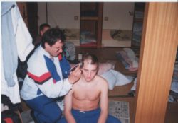 Shaving his head in the dorm at Kyokushin, just arrived in Japan.