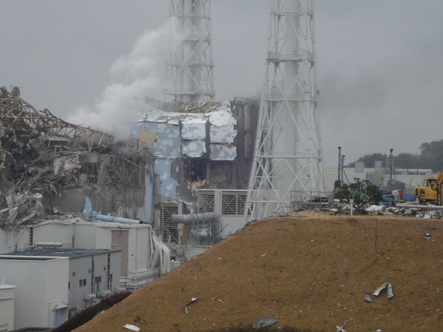 After the explosion on March 15, 2011 (Left building houses Reactor 3 and the center one houses Reactor 4.)