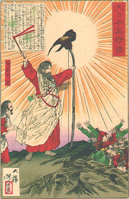An artwork of Emperor Jimmu with his emblematic long bow and an accompanying wild bird by Tsukioka Yoshitoshi