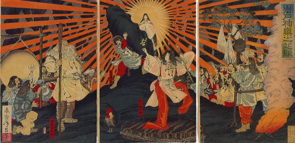 An image of the Japanese Sun Goddess Amaterasu emerging from a cave by Shunsai Toshimasa