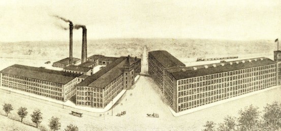 1889年創業の Berkshire Cotton Manufacturing Company（イラスト）と同時期に創業されたHathaway Manufacturing Companyが1955年に統合してバークシャー・ハサウェイが誕生した。