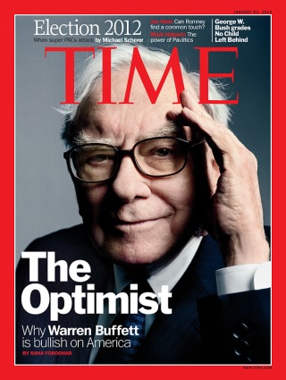 『TIME』（2012年1月23日号）の表紙を飾ったバフェット。アメリカ経済に楽観的だとするバフェットの意見を紹介している。